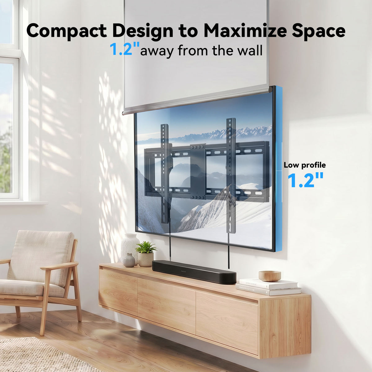 MountFTV Large Tilting TV Wall Mount for 37-95 inch TVs, 1.2"Low Profile TV Mount up to 132lbs,Max 600x400mm, Fit 24" Wood Stud