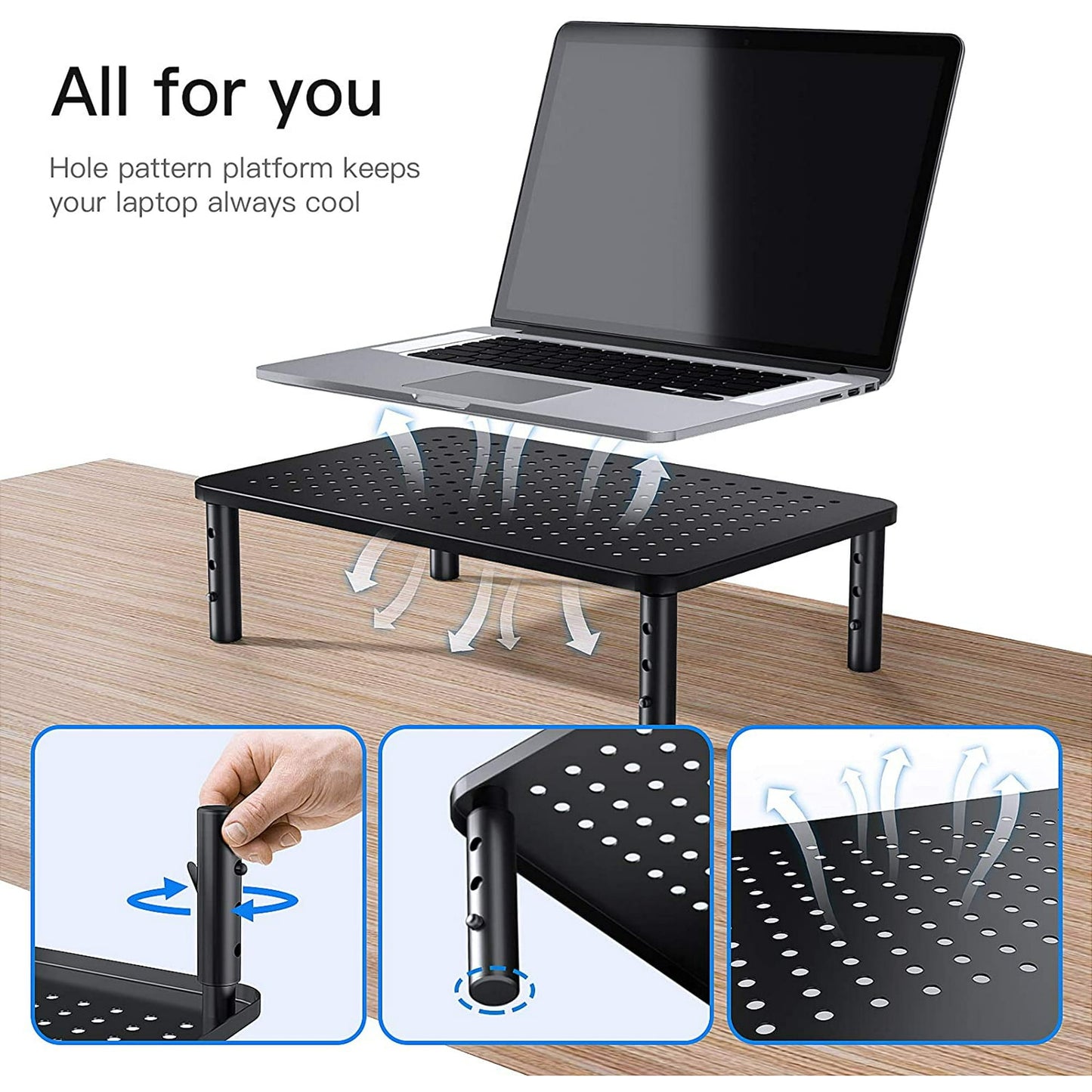 2-Pack Monitor Stand Riser with 3 Height Adjustable and Mesh Platform for Laptop, Computer, Printer