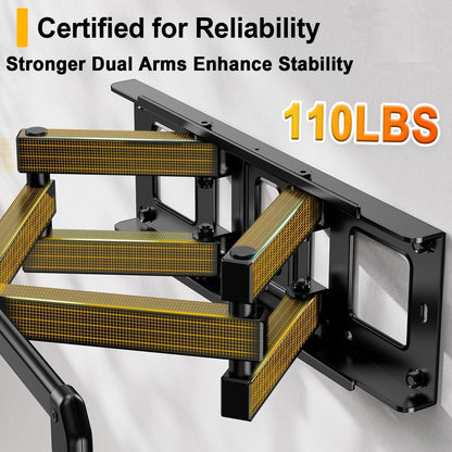 MountFTV Full Motion TV Wall Mount for 37-82" TVs with Swivel Tilt Extension, Max 600x400mm, Holds up to 110lbs, Fits 16" Wood Studs