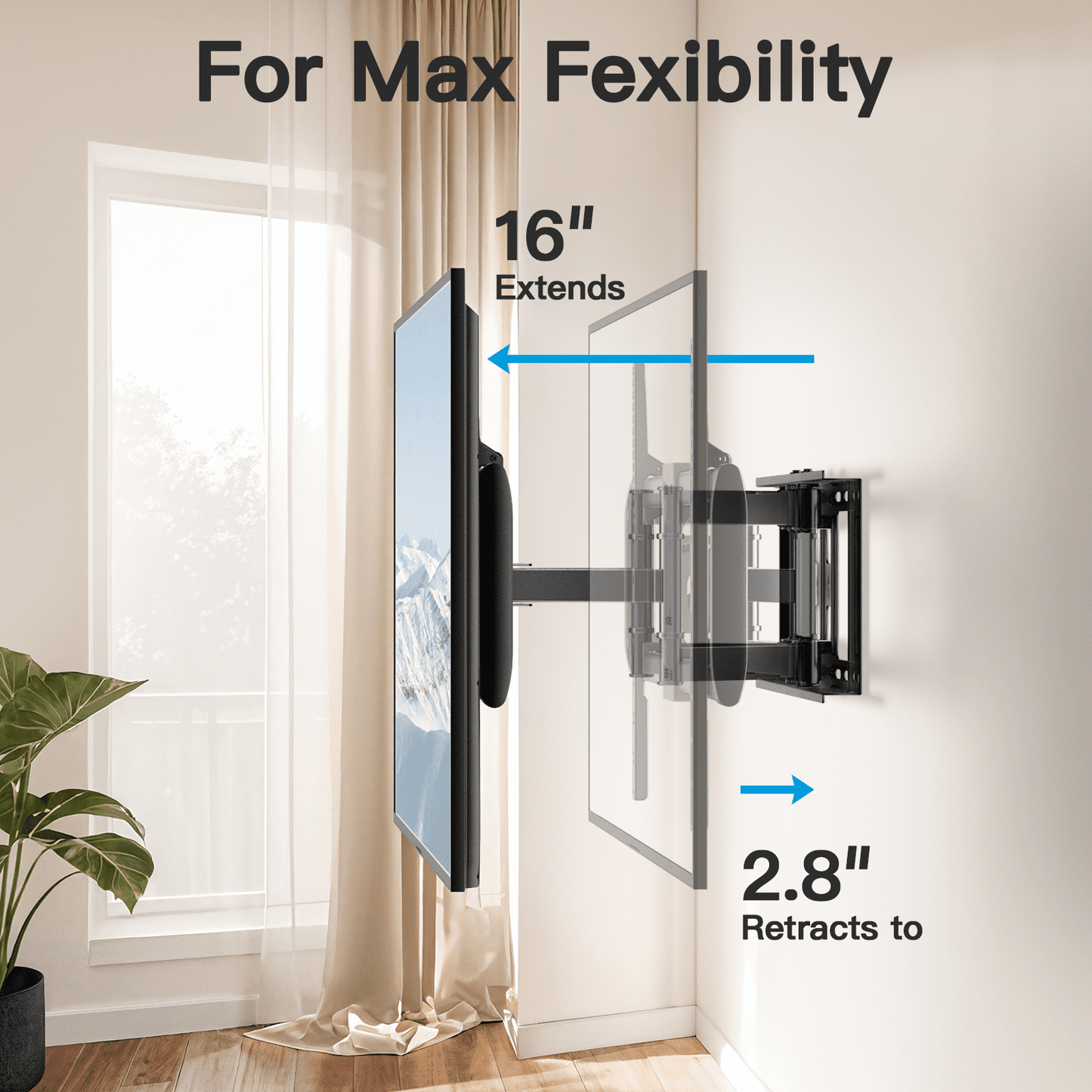 MountFTV Full Motion TV Wall Mount Bracket for 42-90 inch TVs, Heavy Duty tv wall mount with Swivels Tilts Extension, Max 600x400mm, Holds up to 132lbs, 12 /16 inch Wood Studs