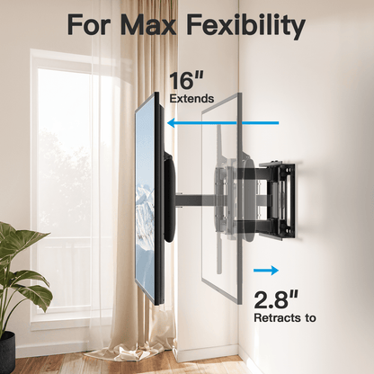 MountFTV Full Motion TV Wall Mount Bracket for 42-90 inch TVs, Heavy Duty tv wall mount with Swivels Tilts Extension, Max 600x400mm, Holds up to 132lbs, 12 /16 inch Wood Studs