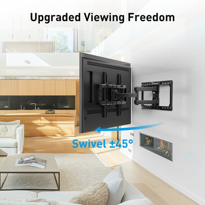 MountFTV Full Motion TV Wall Mount for 42-90 Inch TVs, Swivel Articulating TV Bracket, Supports up to 150 lbs, Fits VESA 200x100 to 600x400mm, for 12-24 Inch Wood Studs, Brick and Concrete Walls