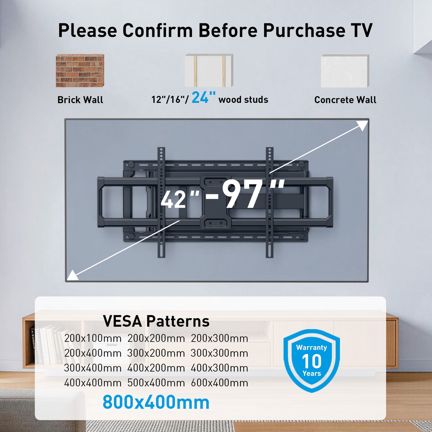 MountFTV Long Arm TV Mount for 42-97 inch TVs,Holds up to 150 lbs,Full Motion with 40.1" Extension Articulating Arms,Max 800x400mm,Swivel and Tilt TV Wall Bracket
