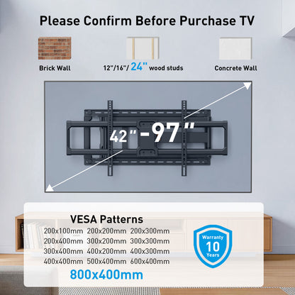 MountFTV Long Arm TV Mount for 42-97 inch TVs,Holds up to 150 lbs,Full Motion with 40.1" Extension Articulating Arms,Max 800x400mm,Swivel and Tilt TV Wall Bracket