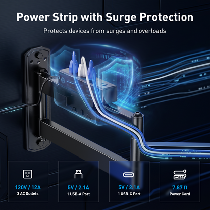MountFTV 82" Long Arm TV Wall Mount with Power Strip, Corner TV Mount with 32.4" Extension Arm, Max 600x400mm, Up to 99lbs, Full Motion TV Bracket with Articulating Swivel Tilt