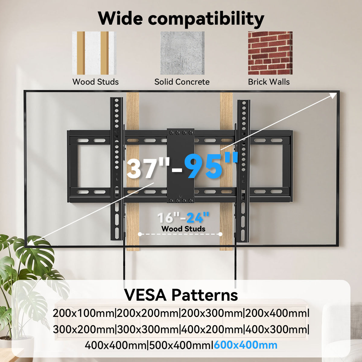 MountFTV Large Tilting TV Wall Mount for 37-95 inch TVs, 1.2"Low Profile TV Mount up to 132lbs,Max 600x400mm, Fit 24" Wood Stud
