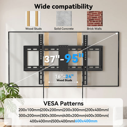 MountFTV Large Tilting TV Wall Mount for 37-95 inch TVs, 1.2"Low Profile TV Mount up to 132lbs,Max 600x400mm, Fit 24" Wood Stud