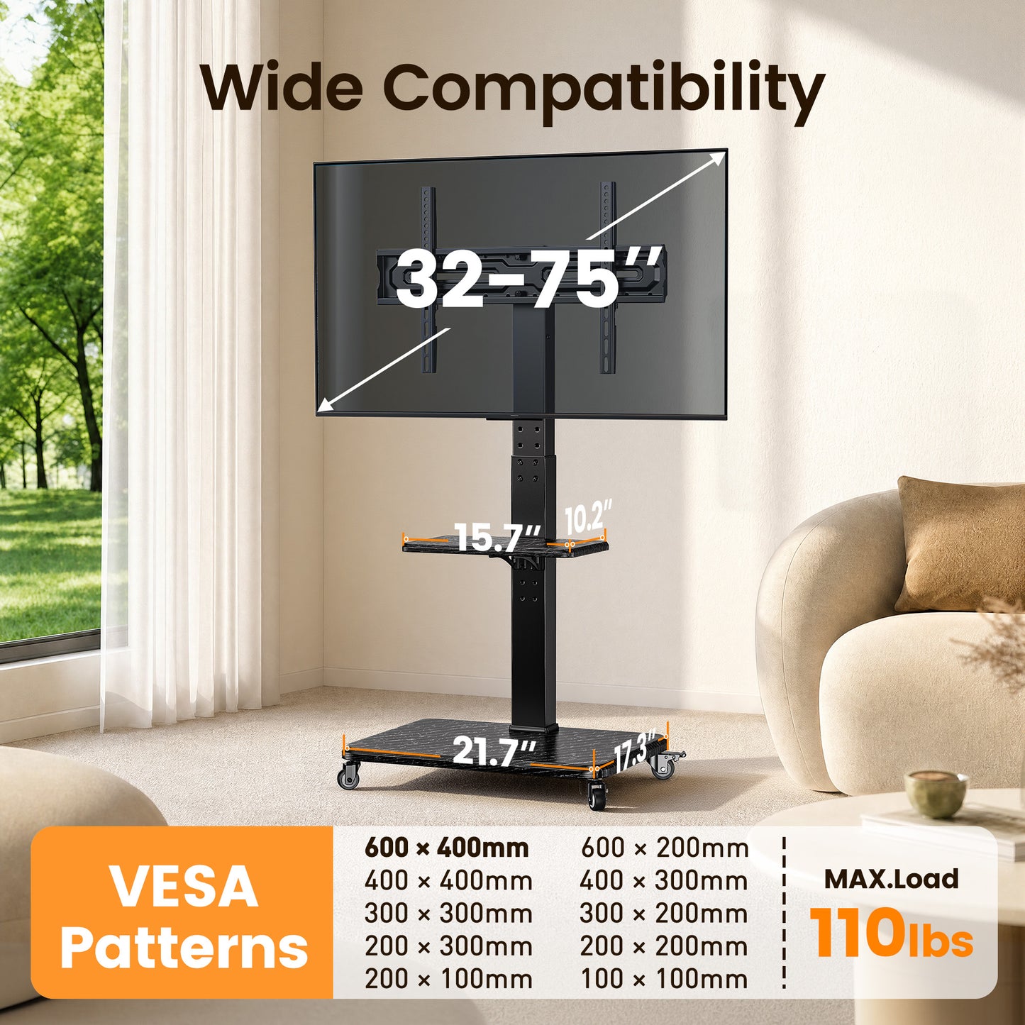 MountFTV Rolling TV Stand with Power Outlet for 32-75 inch TVs,Holds up to110lbs,12 Height Adjustable Mobile TV Cart with Metal Shelf,Tilt & Swivel,Max 600x400mm