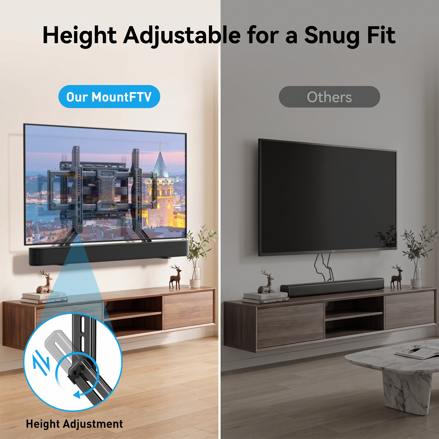 MountFTV Soundbar Mount with Adjustable Height, up to 15 lbs, with Detachable Long Extension Plates,Sound bar Mount Under or Above TV, Double Group Scythe Type TV Soundbar Wall Mount