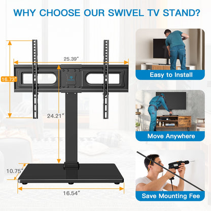 MountFTV Universal Swivel Tabletop TV Stand for 37-75 inch TVs, Desktop TV Base Stand with Height Adjustable, Hold up to 99LBS, Max 600x400mm