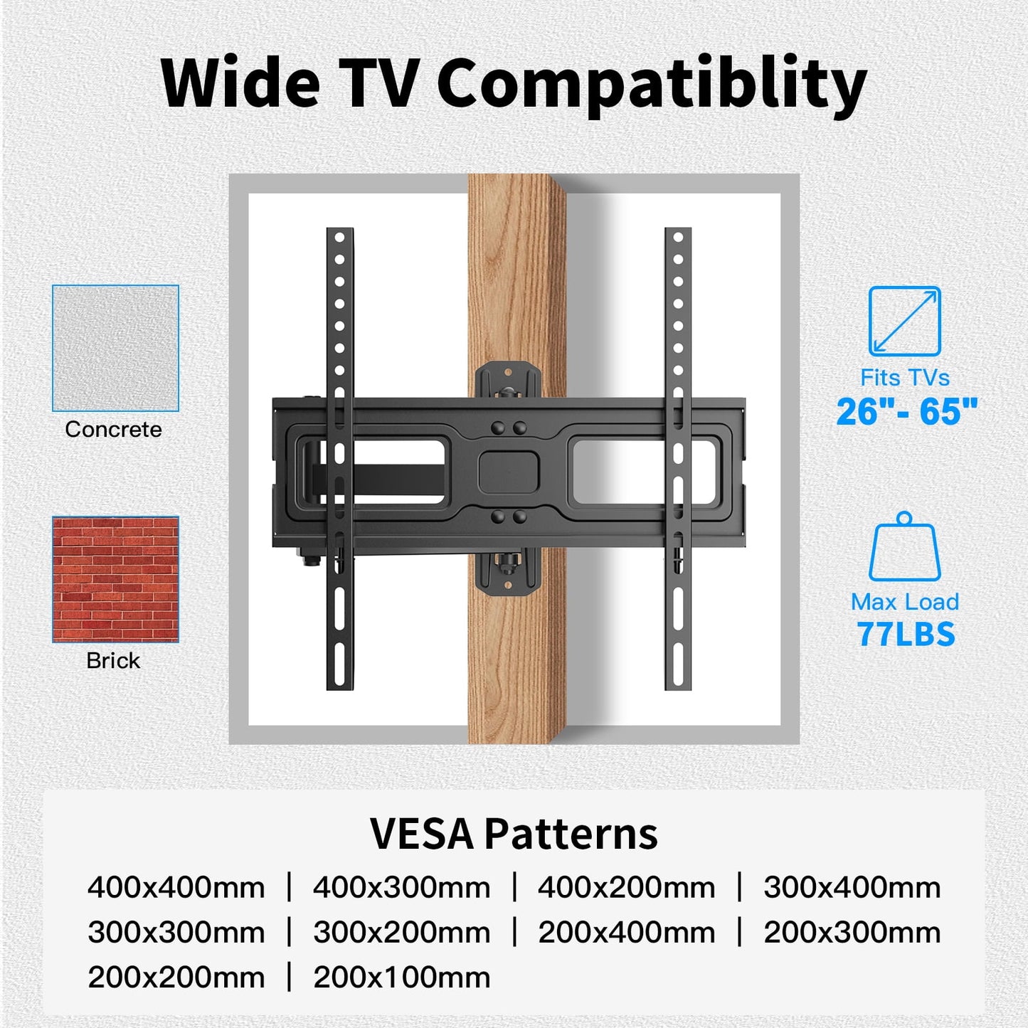 MountFTV Full Motion Long Arm TV Wall Mount for 26-65 inch TVs, Corner Articulating TV Mount Bracket with 19.17 inch Extension,Max 400x400mm, Holds up to 77 lbs