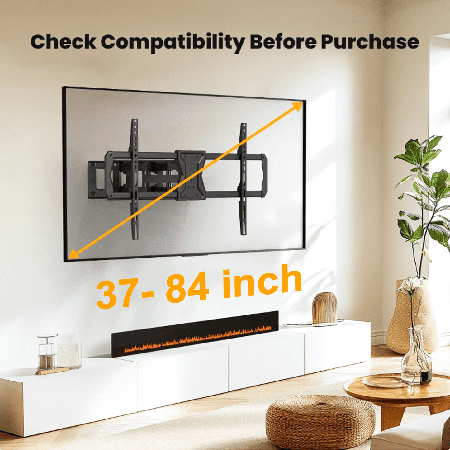MountFTV Full Motion TV Wall Mount for 37-84 inch Curved TVs with Swivels Tilts Extension, Max 600x400mm, Holds up to 110lbs, Fit 16" Wood Stud