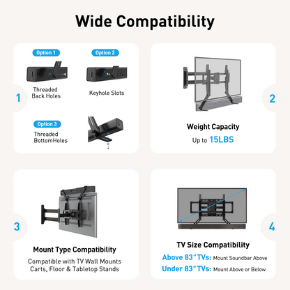 MountFTV Soundbar Mount with Adjustable Height, up to 15 lbs, with Detachable Long Extension Plates,Sound bar Mount Under or Above TV, Double Group Scythe Type TV Soundbar Wall Mount