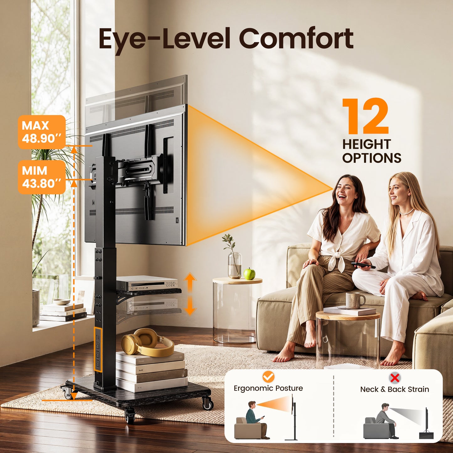 MountFTV Rolling TV Stand with Power Outlet for 32-75 inch TVs,Holds up to110lbs,12 Height Adjustable Mobile TV Cart with Metal Shelf,Tilt & Swivel,Max 600x400mm