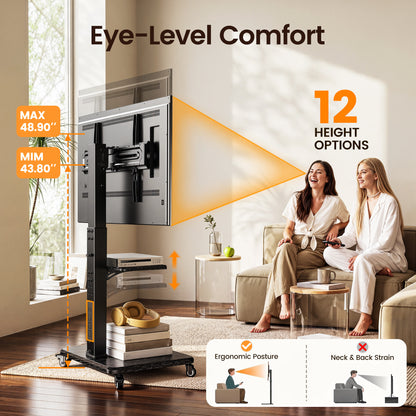 MountFTV Rolling TV Stand with Power Outlet for 32-75 inch TVs,Holds up to110lbs,12 Height Adjustable Mobile TV Cart with Metal Shelf,Tilt & Swivel,Max 600x400mm