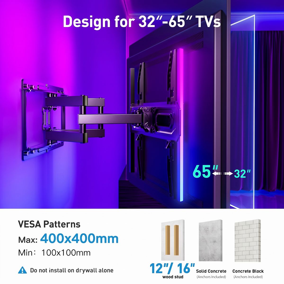 MountFTV Full Motion TV Wall Mount for 32-65" TVs, 88 lbs, RGB Music Sync LED Light, 16.4" Extension, Swivel & Tilt, Leveling, VESA 100x100-400x400mm, Fits 12"/16" Studs