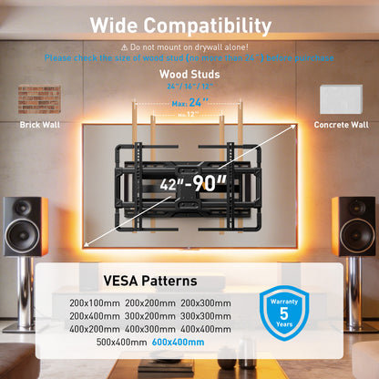 MountFTV Full Motion TV Wall Mount with Music-Sync LED Backlighting for 42-90 inch TVs up to 150 lbs, TV Wall Mount Bracket with Dual Articulating Arms, Swivel, Tilt, Max 600x400mm, Fits 12″/16″ /24″