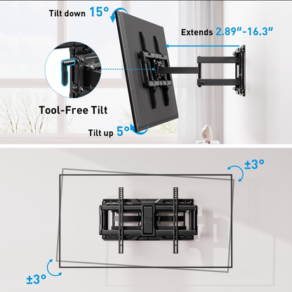 MountFTV Full Motion TV Wall Mount for 42-90 Inch TVs, Swivel Articulating TV Bracket, Supports up to 150 lbs, Fits VESA 200x100 to 600x400mm, for 12-24 Inch Wood Studs, Brick and Concrete Walls