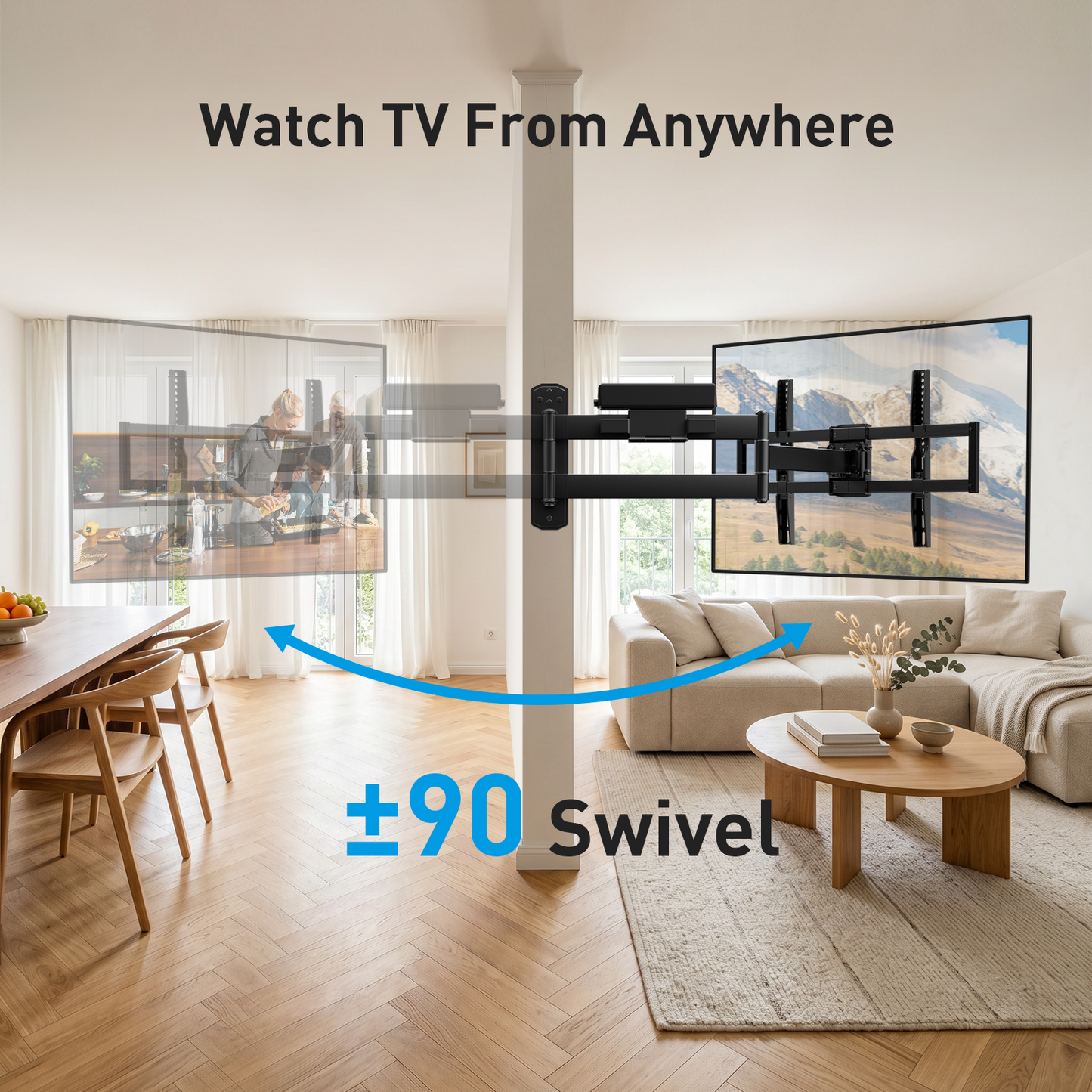 MountFTV 82" Long Arm TV Wall Mount with Power Strip, Corner TV Mount with 32.4" Extension Arm, Max 600x400mm, Up to 99lbs, Full Motion TV Bracket with Articulating Swivel Tilt