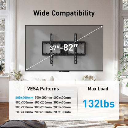 MountFTV Tilting TV Wall Mount Bracket for 37-82 inch Flat Screen TVs, Universal Low Profile Flat Wall Mount, Max 600x400mm,Holds up to 132 lbs,16", 18", 24" Wood Studs