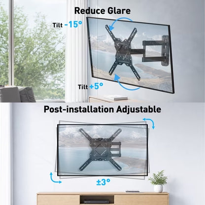 MountFTV Full Motion TV Wall Mount for 26-60 inch TVs, Three-Arm Rotatable Corner TV Mount Bracket with Extension, Swivel Tilt Level, Max 400x400mm, Holds up to 77 lbs, Single Stud