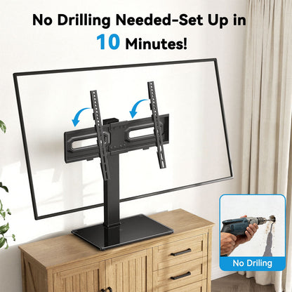 MountFTV Universal Swivel TV Stand with Power Outlet for 32-80 inch TVs up to 99 lbs, Table Top TV Stand Mount with 6 Height Adjustable, Tempered Glass Base,Max 600x400mm
