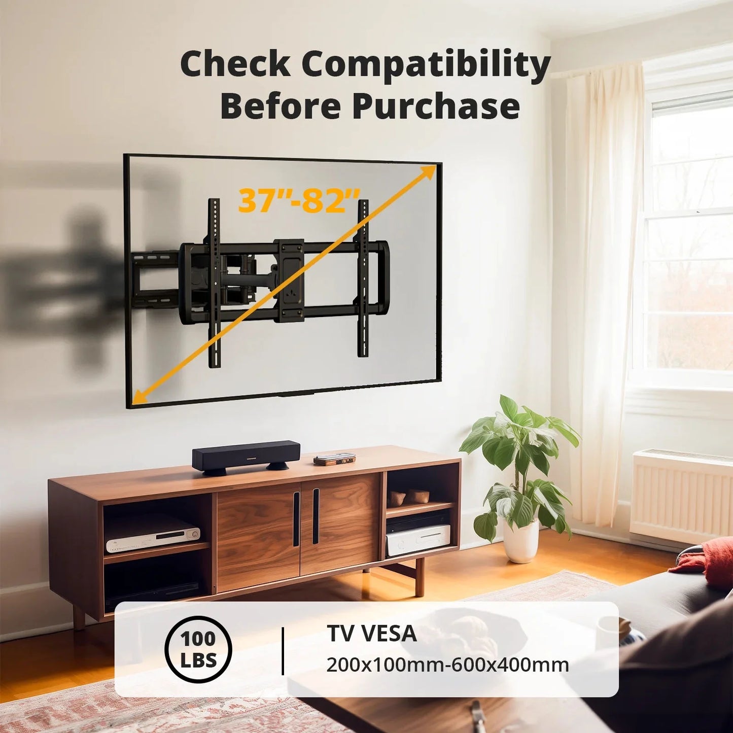 MountFTV Full Motion TV Wall Mount Bracket for Most 37-82 inch Flat and Curved TVs, Max 600x400mm, Holds up to 100 lbs,Fits 8” 12” 16" Wood Studs