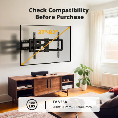 MountFTV Full Motion TV Wall Mount Bracket for Most 37-82 inch Flat and Curved TVs, Max 600x400mm, Holds up to 100 lbs,Fits 8” 12” 16" Wood Studs
