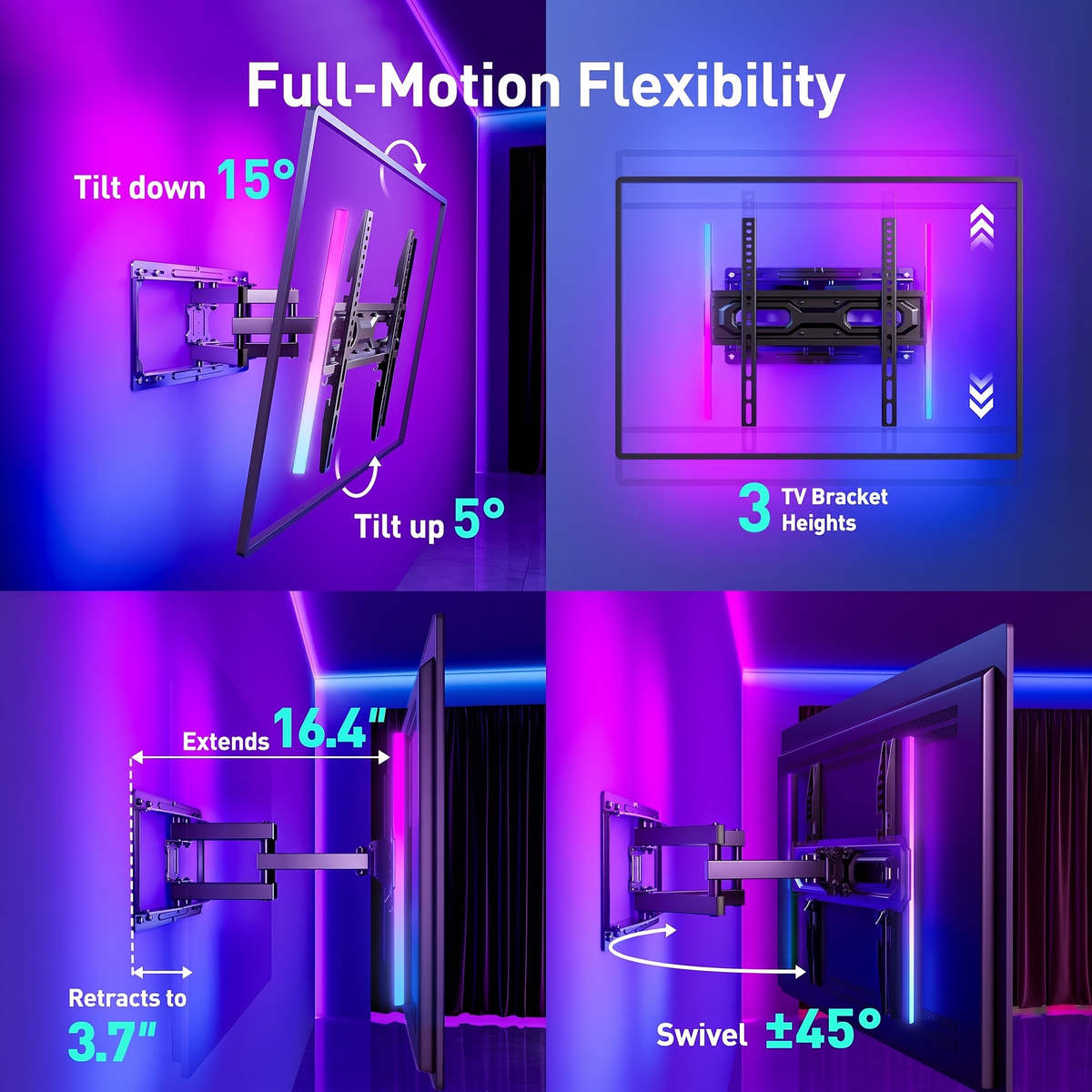 MountFTV Full Motion TV Wall Mount for 32-65" TVs, 88 lbs, RGB Music Sync LED Light, 16.4" Extension, Swivel & Tilt, Leveling, VESA 100x100-400x400mm, Fits 12"/16" Studs