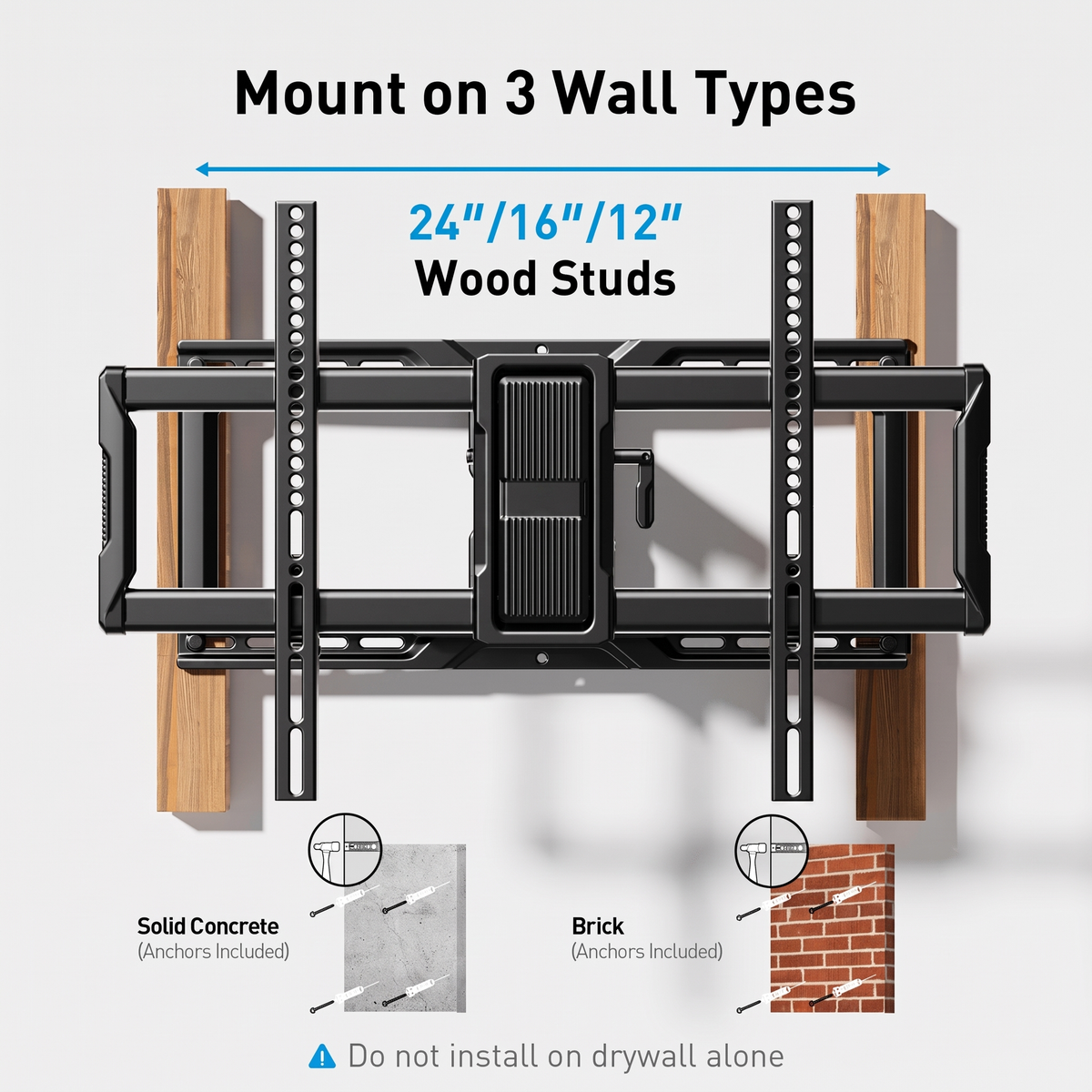 MountFTV Full Motion TV Wall Mount for 42-90 Inch TVs, Swivel Articulating TV Bracket, Supports up to 150 lbs, Fits VESA 200x100 to 600x400mm, for 12-24 Inch Wood Studs, Brick and Concrete Walls