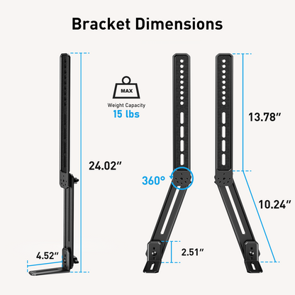 MountFTV Soundbar Mount with Adjustable Height, up to 15 lbs, with Detachable Long Extension Plates,Sound bar Mount Under or Above TV, Double Group Scythe Type TV Soundbar Wall Mount