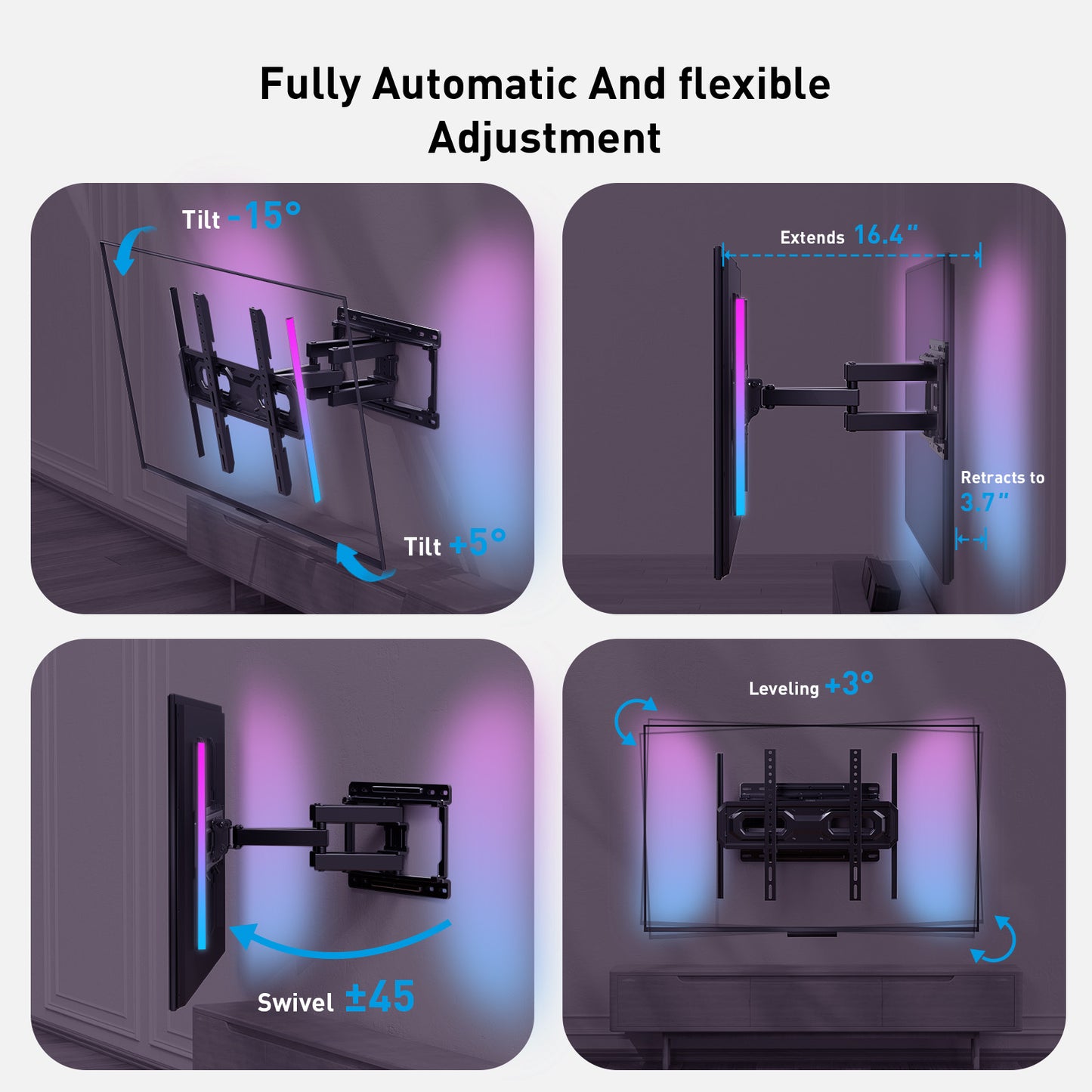 MountFTV Full Motion TV Wall Mount with Music-Sync LED Backlighting for 26-65 inch TVs up to 99 lbs, TV Wall Mount Bracket with Dual Articulating Arms, Swivel, Tilt, Fits 12″/16″ Wood Studs