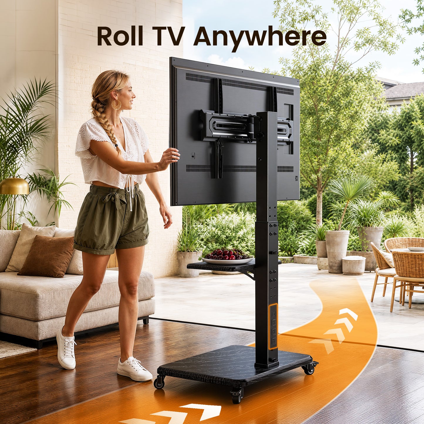 MountFTV Rolling TV Stand with Power Outlet for 32-75 inch TVs,Holds up to110lbs,12 Height Adjustable Mobile TV Cart with Metal Shelf,Tilt & Swivel,Max 600x400mm