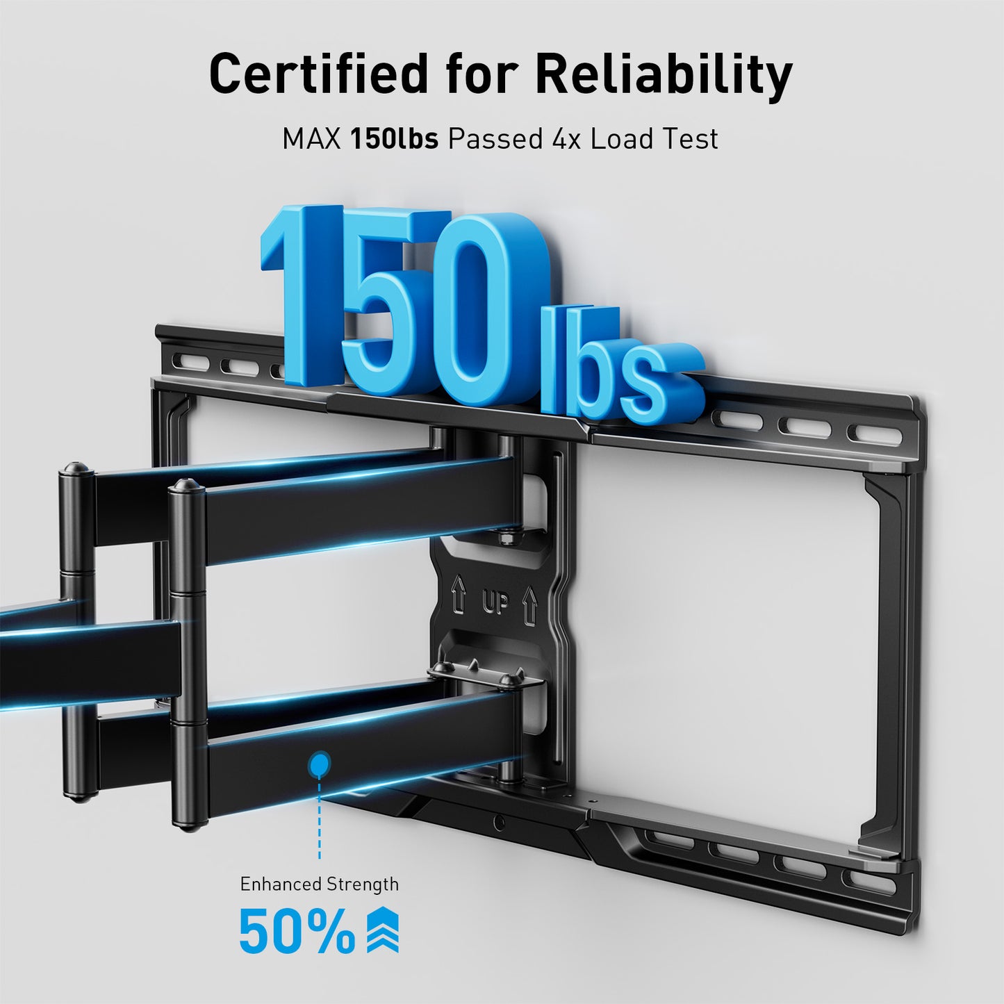 MountFTV Full Motion TV Wall Mount with Music-Sync LED Backlighting for 42-90 inch TVs up to 150 lbs, TV Wall Mount Bracket with Dual Articulating Arms, Swivel, Tilt, Max 600x400mm, Fits 12″/16″ /24″