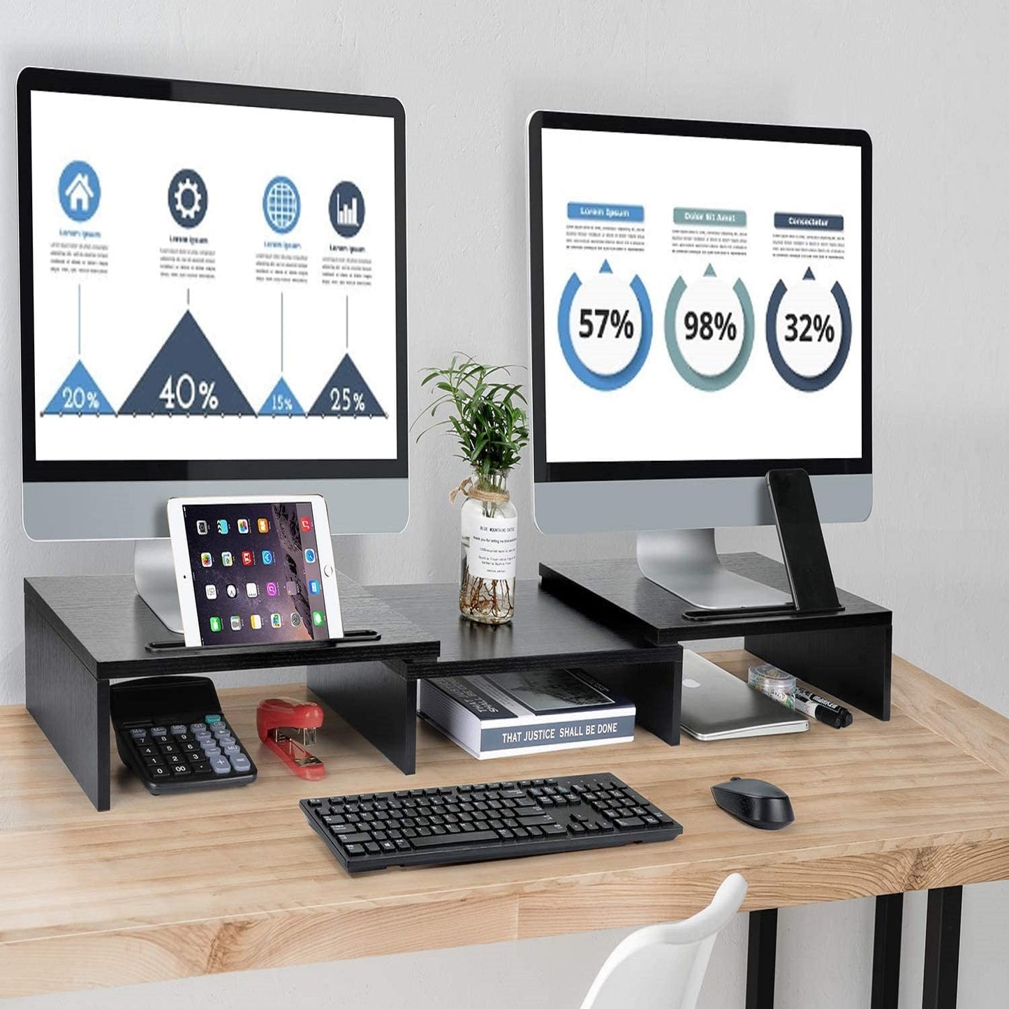Dual Monitor Stand Riser with Adjustable Length & Angle, Multifunctional Double Monitor Riser with 2 Slot for PC, Computer