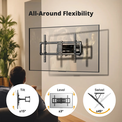 MountFTV Full Motion TV Wall Mount Bracket for Most 37-82 inch Flat and Curved TVs, Max 600x400mm, Holds up to 100 lbs,Fits 8” 12” 16" Wood Studs