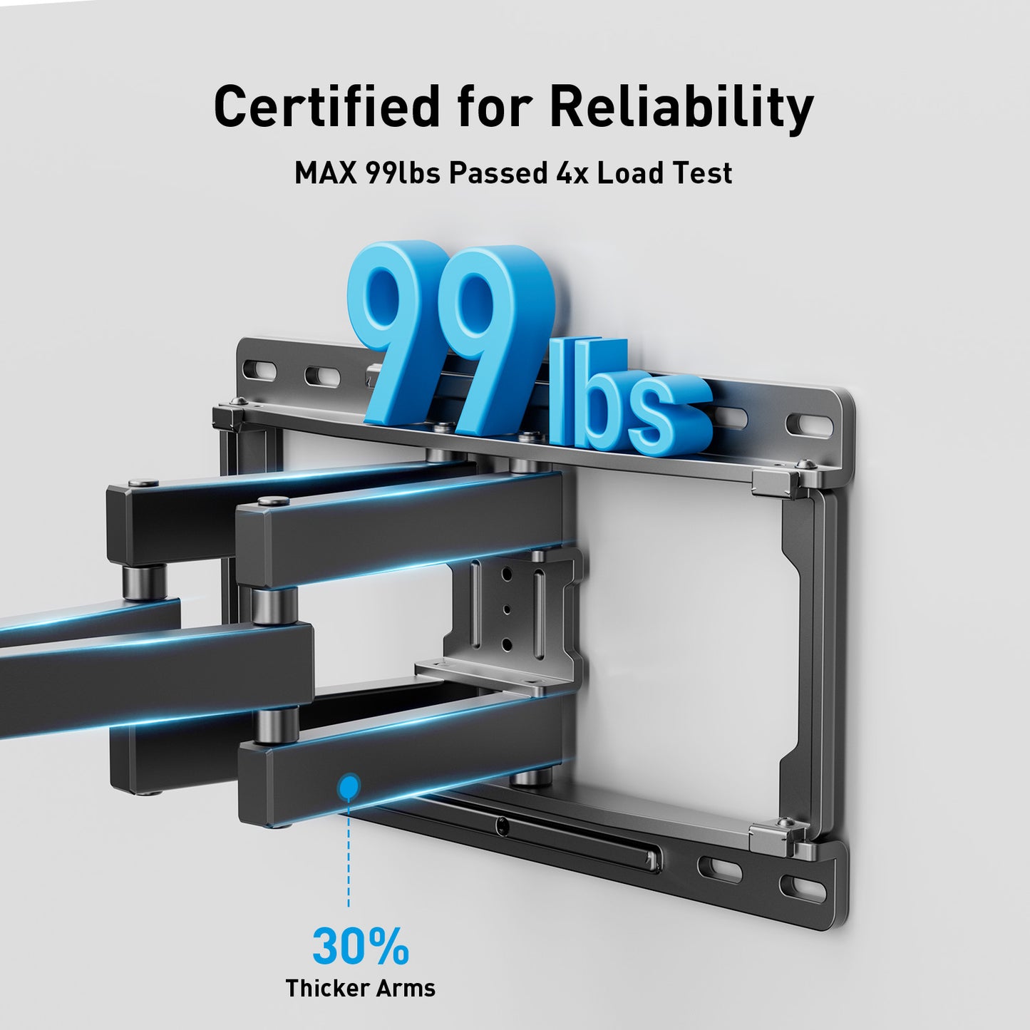 MountFTV Full Motion TV Wall Mount with Music-Sync LED Backlighting for 26-65 inch TVs up to 99 lbs, TV Wall Mount Bracket with Dual Articulating Arms, Swivel, Tilt, Fits 12″/16″ Wood Studs