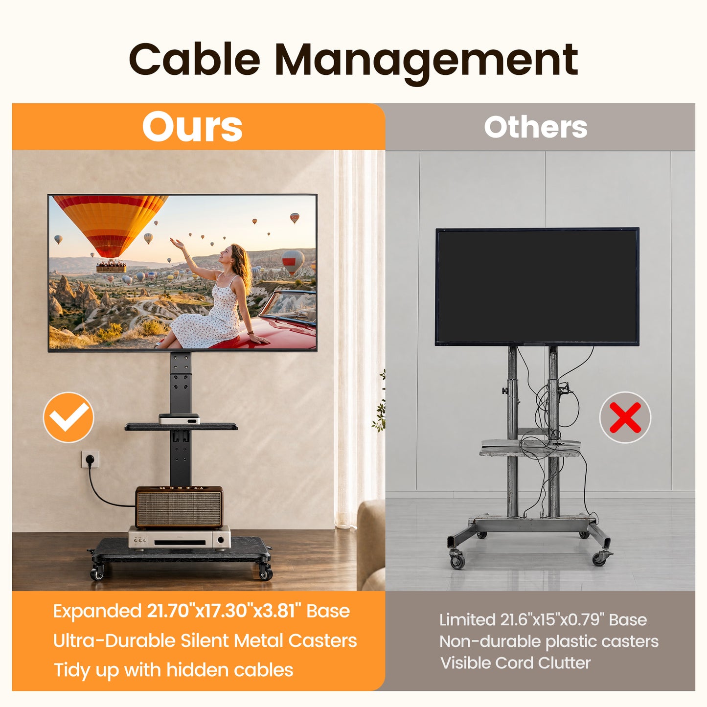 MountFTV Rolling TV Stand with Power Outlet for 32-75 inch TVs,Holds up to110lbs,12 Height Adjustable Mobile TV Cart with Metal Shelf,Tilt & Swivel,Max 600x400mm
