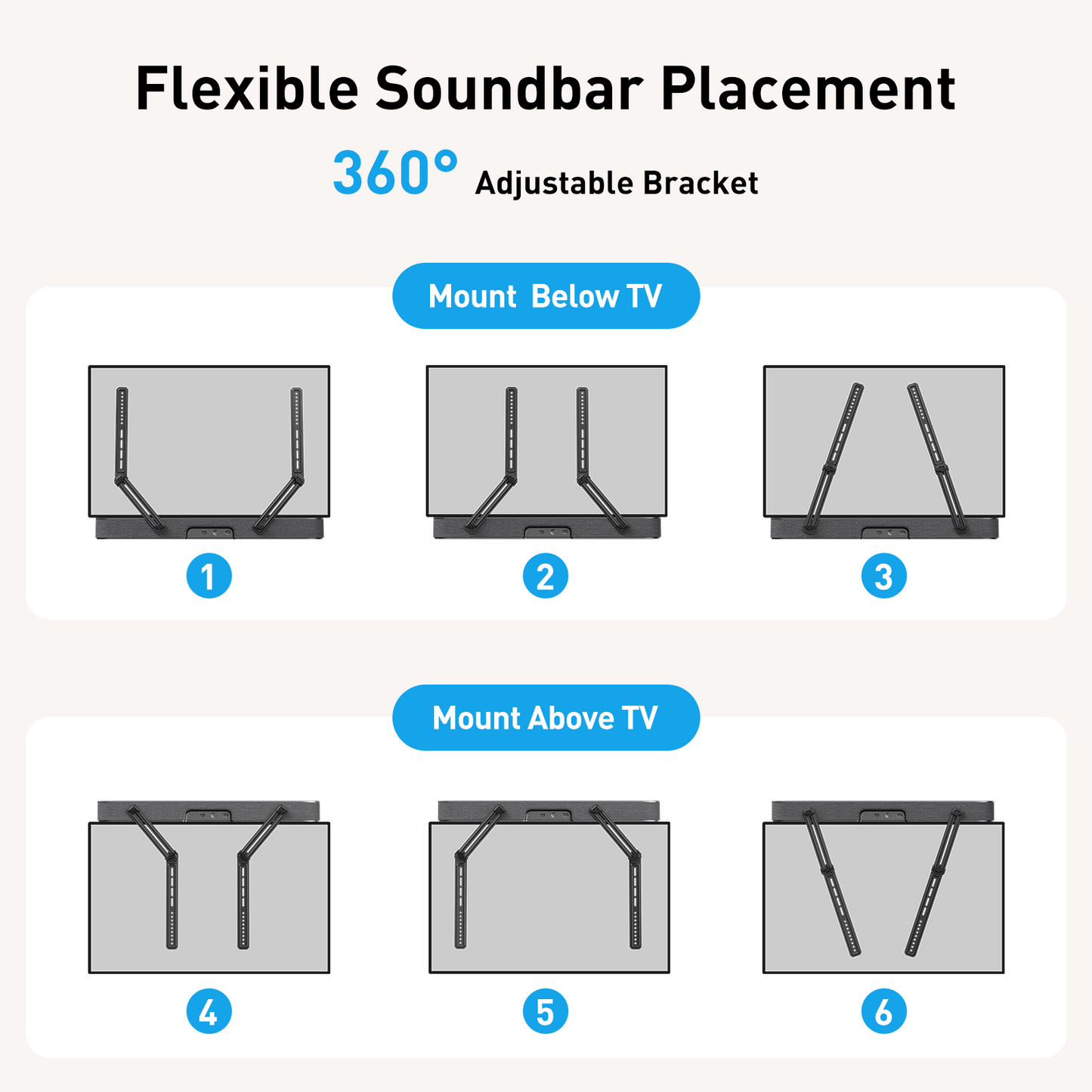MountFTV Soundbar Mount with Adjustable Height, up to 15 lbs, with Detachable Long Extension Plates,Sound bar Mount Under or Above TV, Double Group Scythe Type TV Soundbar Wall Mount