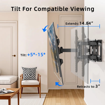 MountFTV Full Motion TV Wall Mount Bracket for Most 37-85 inch Flat Curved TVs, Holds up to 132 lbs, Max 600x400mm