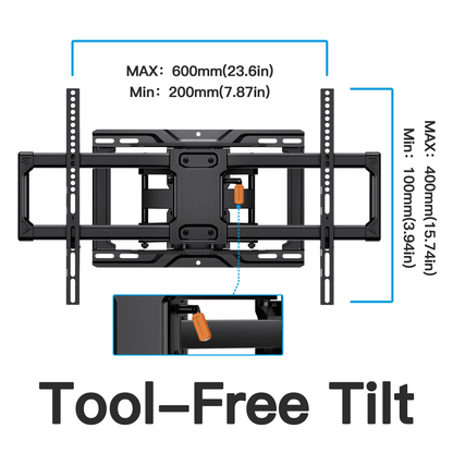MountFTV Full Motion TV Wall Mount Bracket with Tool-Free Tilt for 42-90 Inch TVs, 6 Articulating Arms Heavy Duty TV Wall Mount, Holds up to 132 lbs, Max 600x400mm, Fits 12”/16” Wood Studs