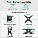 MountFTV Full Motion TV Wall Mount Bracket, Swivel Articulating TV Monitor Wall Mount Bracket Tilts Extension Rotation for 13-42 inch Flat Curved TVs Monitors, Max 200x200mm, Holds up to 44lbs