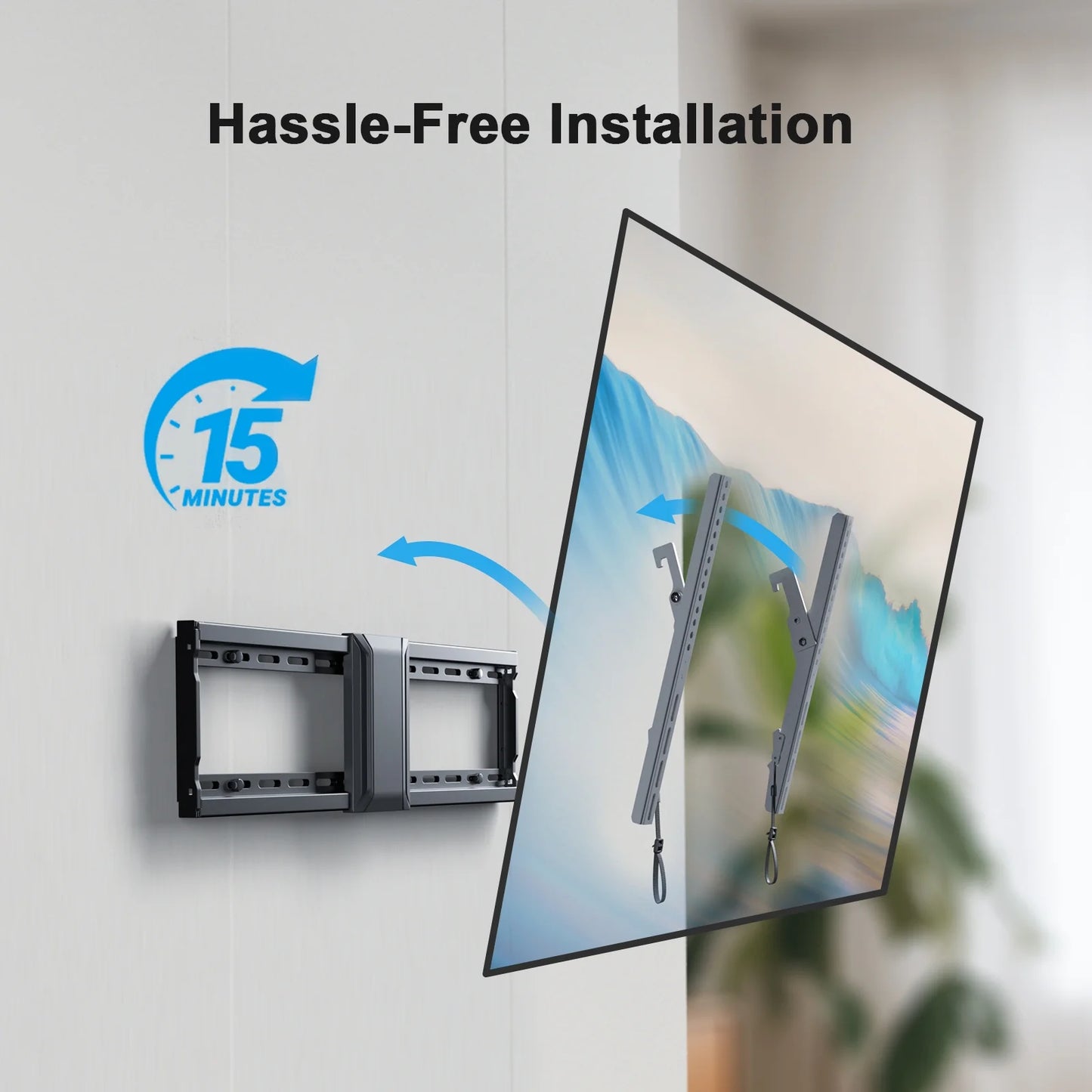 MountFTV Low Profile Tilting TV Wall Mount Bracket with Adjustable Pull Cords for 37-86 inch LED LCD OLED TVs, Max 600 x 400mm, Holds up to 132lbs
