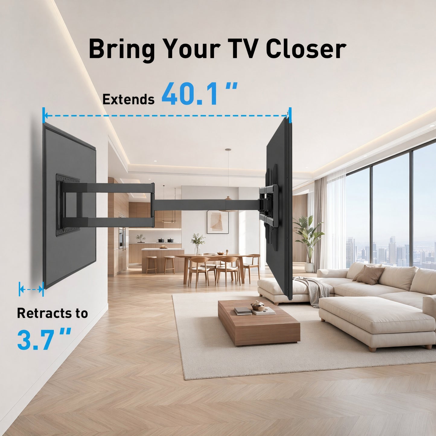MountFTV Long Arm TV Mount for 42-97 inch TVs,Holds up to 150 lbs,Full Motion with 40.1" Extension Articulating Arms,Max 800x400mm,Swivel and Tilt TV Wall Bracket