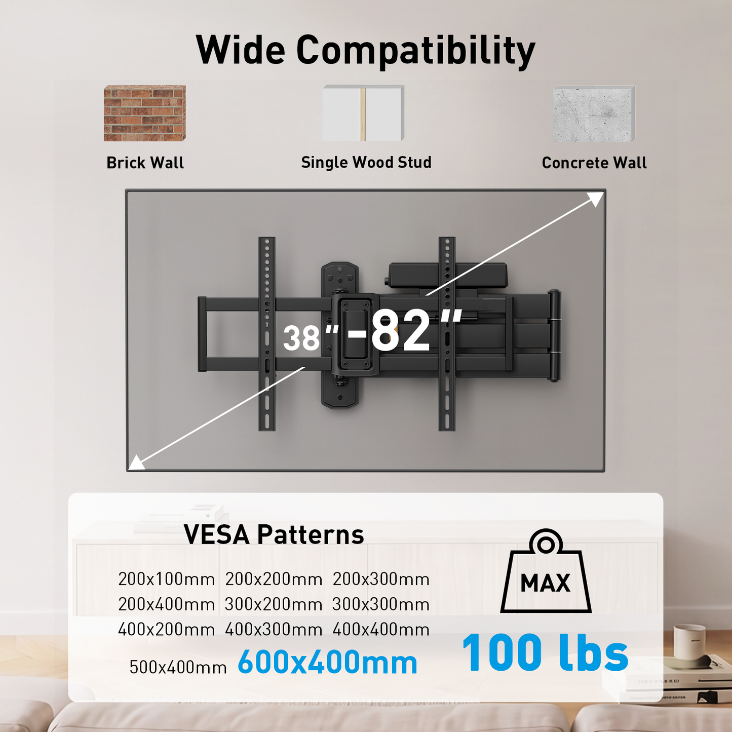 MountFTV 82" Long Arm TV Wall Mount with Power Strip, Corner TV Mount with 32.4" Extension Arm, Max 600x400mm, Up to 99lbs, Full Motion TV Bracket with Articulating Swivel Tilt