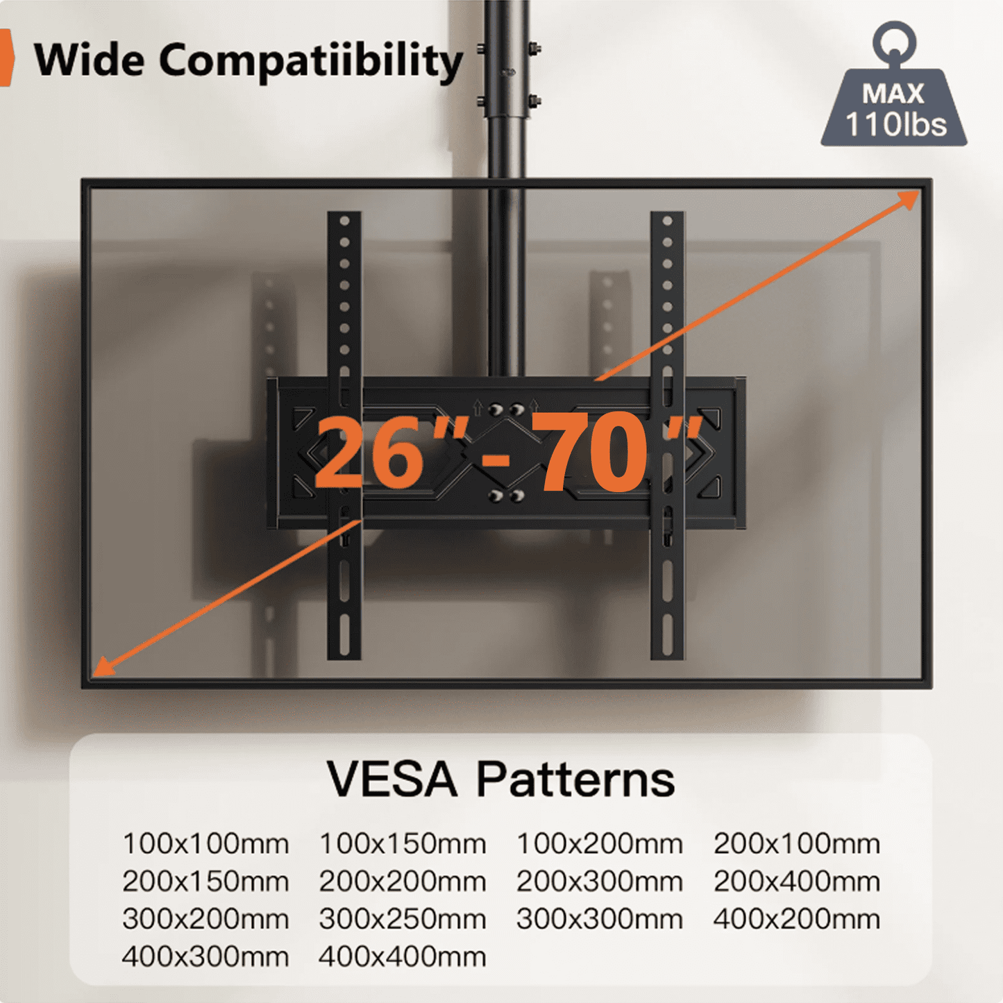 MountFTV Ceiling TV Mount for 26-70 inch TVs ,6 Adjustable Height Setting Full Motion Hanging TV Wall Mount Bracket, Holds up to 110lbs, Max 400x400mm