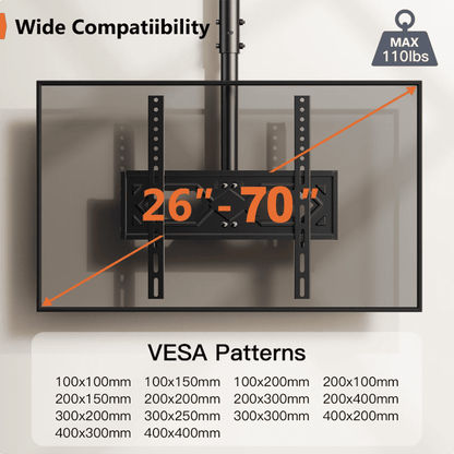 MountFTV Ceiling TV Mount for 26-70 inch TVs ,6 Adjustable Height Setting Full Motion Hanging TV Wall Mount Bracket, Holds up to 110lbs, Max 400x400mm