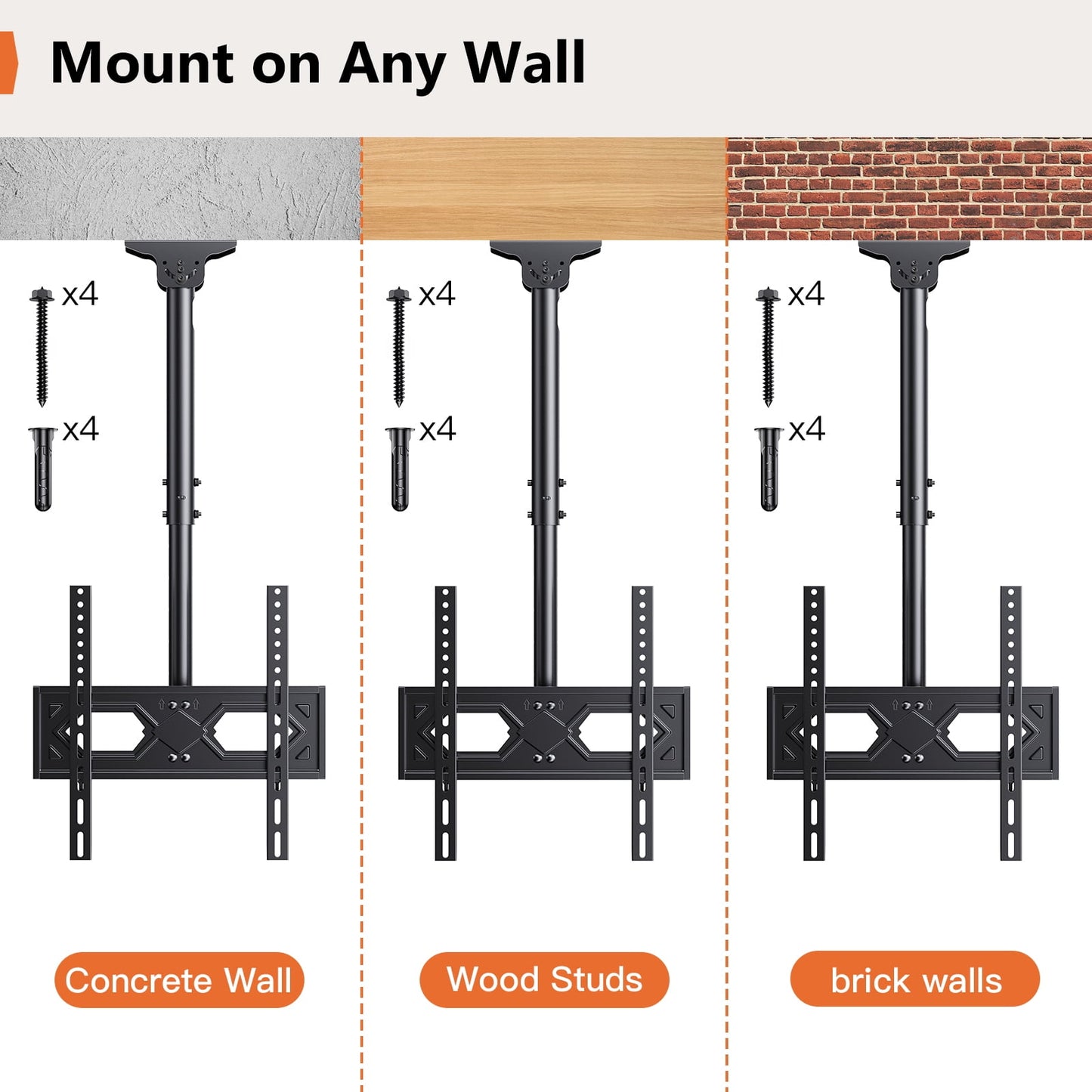 MountFTV Ceiling TV Mount for 26-70 inch TVs ,6 Adjustable Height Setting Full Motion Hanging TV Wall Mount Bracket, Holds up to 110lbs, Max 400x400mm