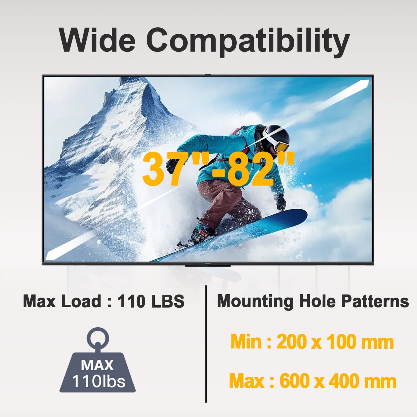 MountFTV Full Motion TV Wall Mount for 37-82" TVs with Swivel Tilt Extension, Max 600x400mm, Holds up to 110lbs, Fits 16" Wood Studs