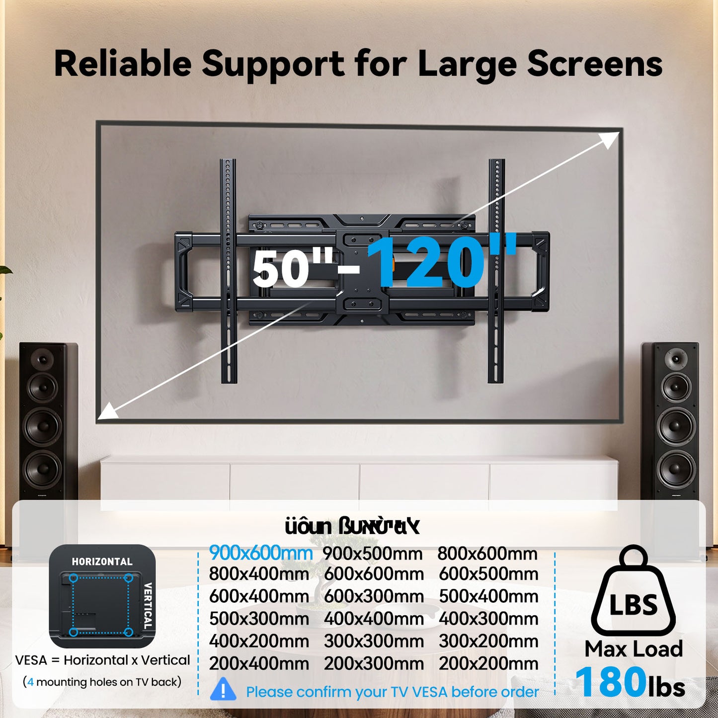 MountFTV Full Motion TV Wall Mount for 50"-120" TVs, with 6 arms,Max 900x600mm,holds up to 180lbs